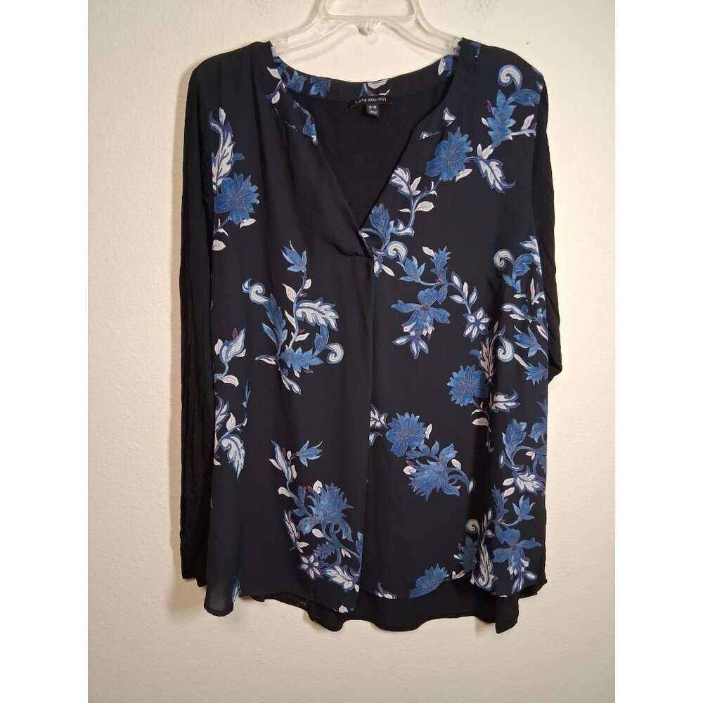 Lane Bryant Blouse Business Casual Long Sleeve Granny Floral Black Size 18/20